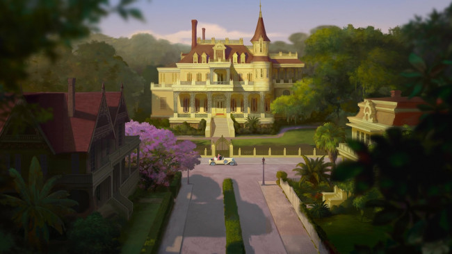 Обои картинки фото мультфильмы, the princess and the frog, здания, машина, деревья, пейзаж, дворец