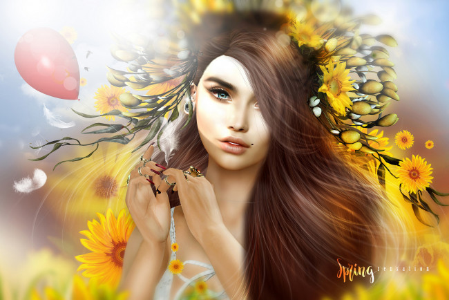 Обои картинки фото 3д графика, люди , people, перья, боке, шарик, венок, цветы, бутоны, шатенка, девушка, арт, графика, 3d