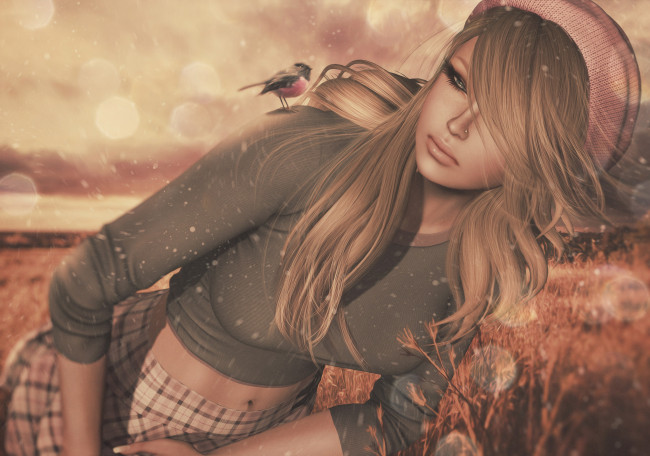 Обои картинки фото 3д графика, люди , people, 3д, боке, берет, трава, птица, юбка, джемпер, графика, девушка, природа