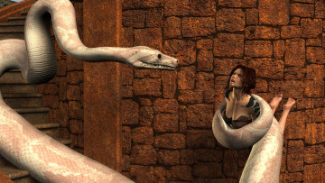 обоя 3д графика, фантазия , fantasy, девушка, взгляд, фон, змея