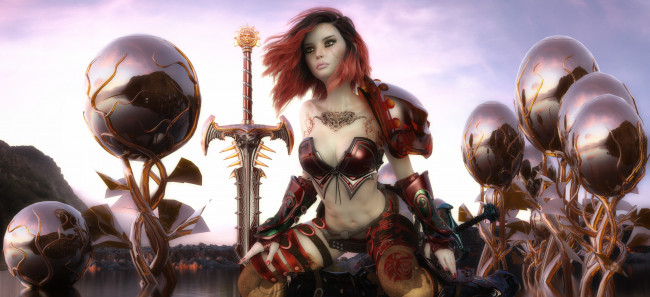 Обои картинки фото 3д графика, фантазия , fantasy, фон, взгляд, девушки