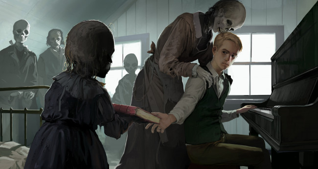 Обои картинки фото фэнтези, нежить, юноша, рояль, книга, скелет