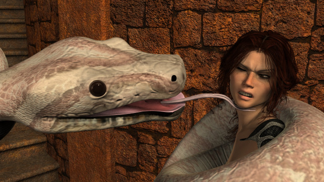 Обои картинки фото 3д графика, фантазия , fantasy, взгляд, девушка, змея, фон