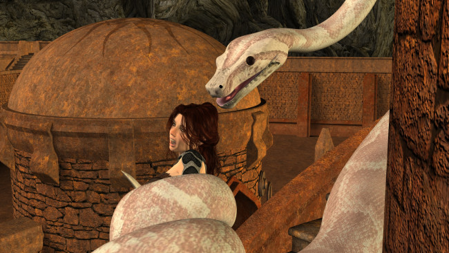 Обои картинки фото 3д графика, фантазия , fantasy, змея, фон, девушка, взгляд