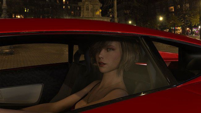 Обои картинки фото 3д графика, люди-авто, мото , people- car ,  moto, взгляд, девушка, автомобиль, фон