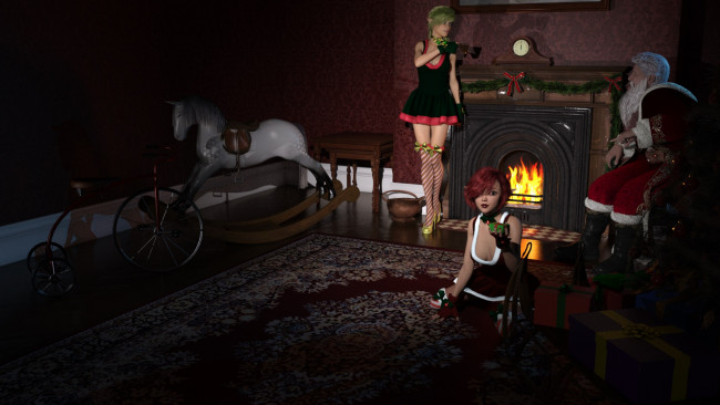 Обои картинки фото 3д графика, праздники , holidays, девушки, фон, взгляд, елка, дед, мороз