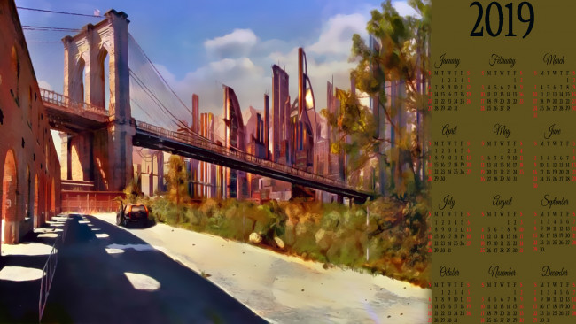Обои картинки фото календари, фэнтези, небоскреб, мост, 2019, calendar, улица, город