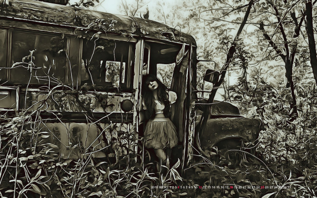 Обои картинки фото календари, компьютерный дизайн, 2019, calendar, растение, женщина, автобус, девушка, автомобиль