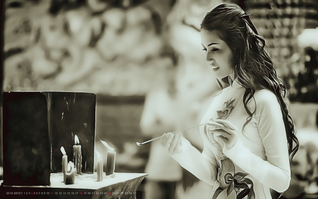 Обои картинки фото календари, компьютерный дизайн, 2019, calendar, женщина, девушка, профиль, свеча, азиатка