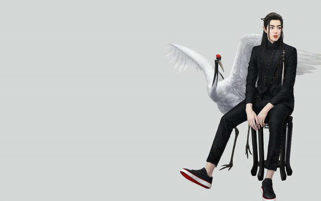 Обои картинки фото рисованное, люди, сяо, джань, табуретка, журавль