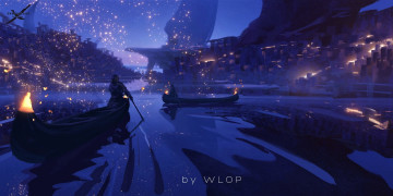 Картинка фэнтези _ghost+blade+ +призрачный+клинок озеро лодки искры город