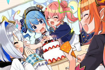 обоя аниме, virtual youtuber, девочки, праздник, день, рождения, торт