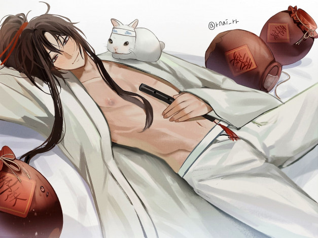 Обои картинки фото аниме, mo dao zu shi, вэй, усянь, флейта, кролик, кувшины