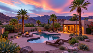 обоя 3д графика, реализм , realism, пальмы, бассейн, закат