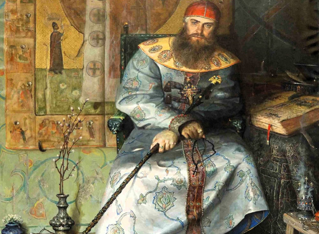 Обои картинки фото рисованное, павел рыженко, царь, посох, икона, книга