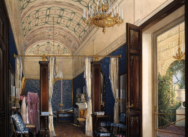 Обои картинки фото рисованное, эдуард гау, интерьер, свод, люстра, комната, дверь, шторы