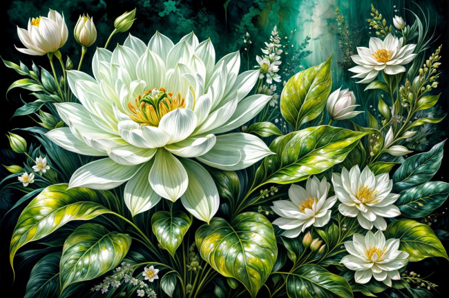 Обои картинки фото рисованное, цветы, листья, бутоны