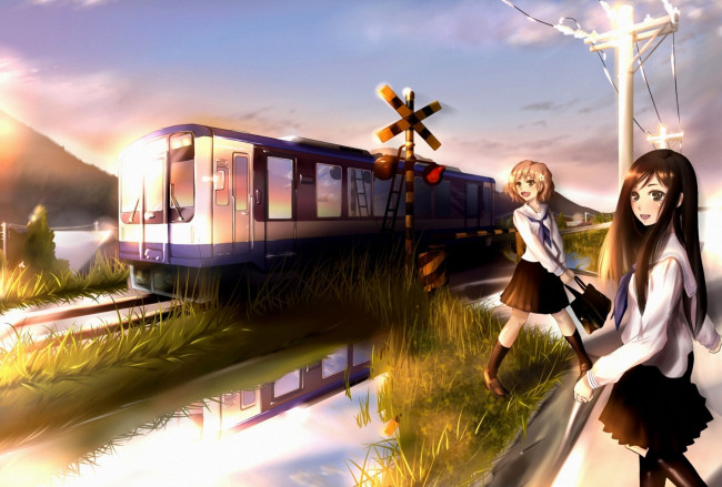 Обои картинки фото аниме, оружие,  техника,  технологии, девочки, форма, поезд, железная, дорога, трава, лужи