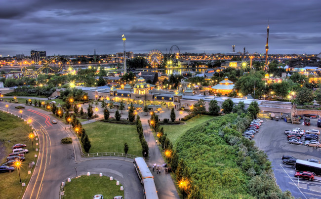 Обои картинки фото ларонд, канада, города, огни, ночного, колесо, обозрения, дорога, вечер