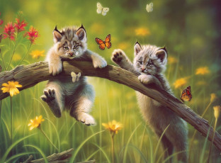 обоя рисованные, животные, рыси, рысята