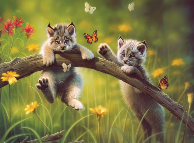 Обои картинки фото рисованные, животные, рыси, рысята