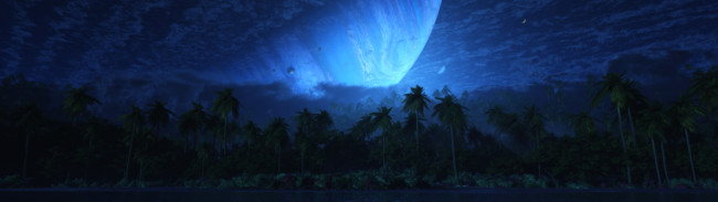 Обои картинки фото фэнтези, пейзажи, пальмы, тучи, планеты