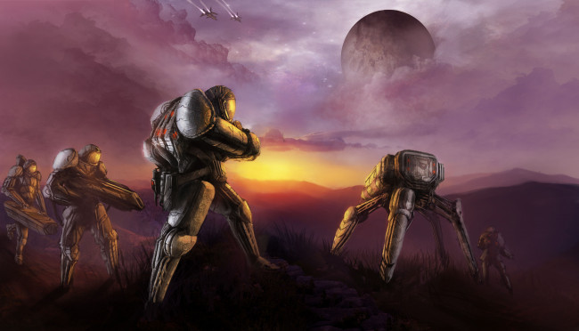 Обои картинки фото фэнтези, роботы, киборги, механизмы, робот, закат, планета