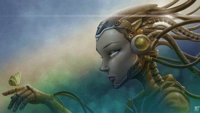 Обои картинки фото фэнтези, роботы,  киборги,  механизмы, иной, мир, робот, киборг, бабочка