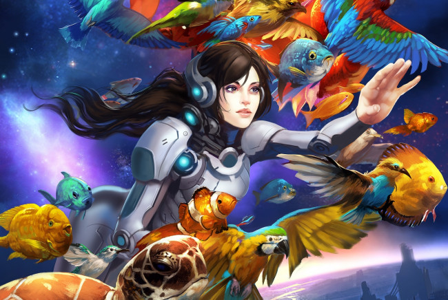 Обои картинки фото фэнтези, девушки, рыбы, попугаи, иной, мир, полет, скафандр, девушка