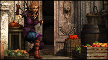 Картинка 3д+графика фантазия+ fantasy девушка взгляд фон оружие фрукты