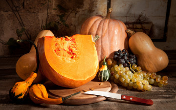 Картинка еда тыква autumn harvest still life fruits pumpkin осень листья урожай виноград
