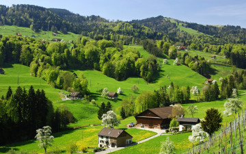 Картинка города -+пейзажи англия derbyshire поля луга трава деревья домики холмы