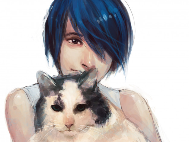 Обои картинки фото рисованное, люди, парень, кот