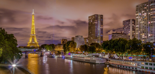 Обои картинки фото города, париж , франция, башня, огни, река, ночь