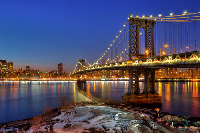 Обои картинки фото manhattan, города, нью-йорк , сша, ночь, мост, огни, река