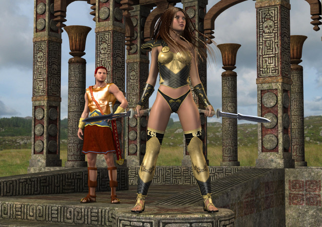 Обои картинки фото 3д графика, амазонки , amazon, девушка, фон, оружие, мужчина, взгляд