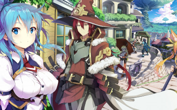 Картинка аниме город +улицы +здания персонажи