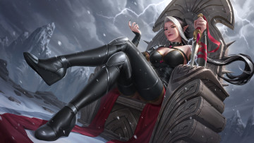 Картинка фэнтези эльфы кинжал трон униформа девушка взгляд фон