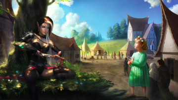 Картинка фэнтези эльфы люди девушка девочка кинжал взгляд фон