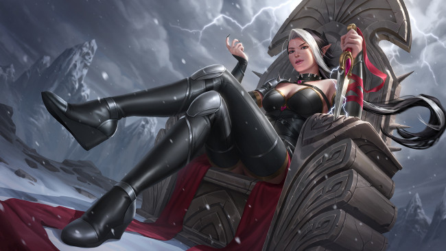 Обои картинки фото фэнтези, эльфы, кинжал, трон, униформа, девушка, взгляд, фон