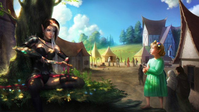 Обои картинки фото фэнтези, эльфы, люди, девушка, девочка, кинжал, взгляд, фон