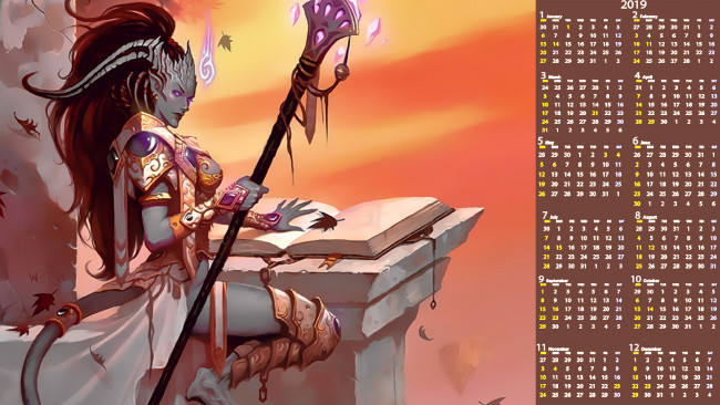 Обои картинки фото календари, фэнтези, книга, жезл, существо, женщина