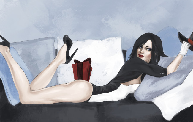 Обои картинки фото рисованное, люди, фон, девушка, взгляд, диван