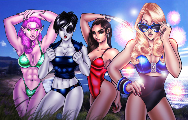 Обои картинки фото рисованное, комиксы, фон, существо, девушки, взгляд, купальник