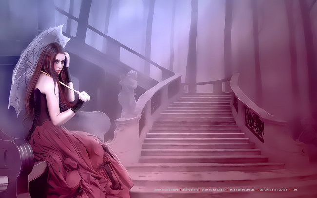 Обои картинки фото календари, фэнтези, лестница, зонт, девушка, calendar, 2019