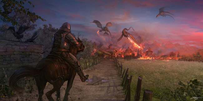 Обои картинки фото фэнтези, драконы, всадник, город, дорога