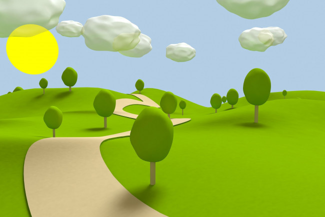 Обои картинки фото 3д графика, природа , nature, дорога, деревья, холмы, облака