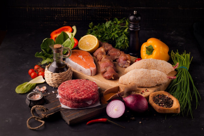 Обои картинки фото еда, разное, рыба, мясо, овощи