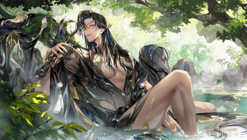 Картинка аниме unknown +другое+ парень озеро меч лес камни