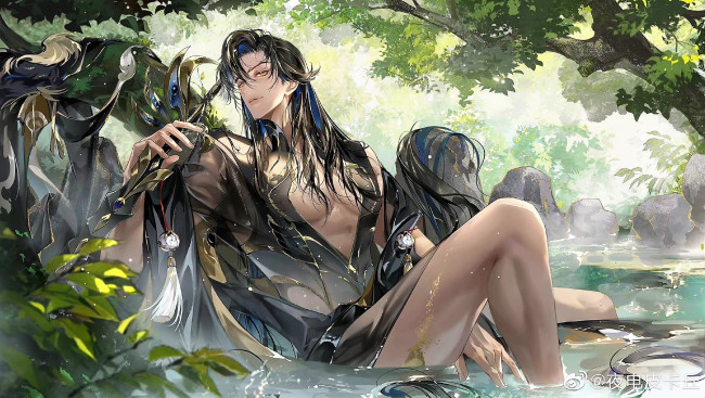 Обои картинки фото аниме, unknown,  другое , парень, озеро, меч, лес, камни